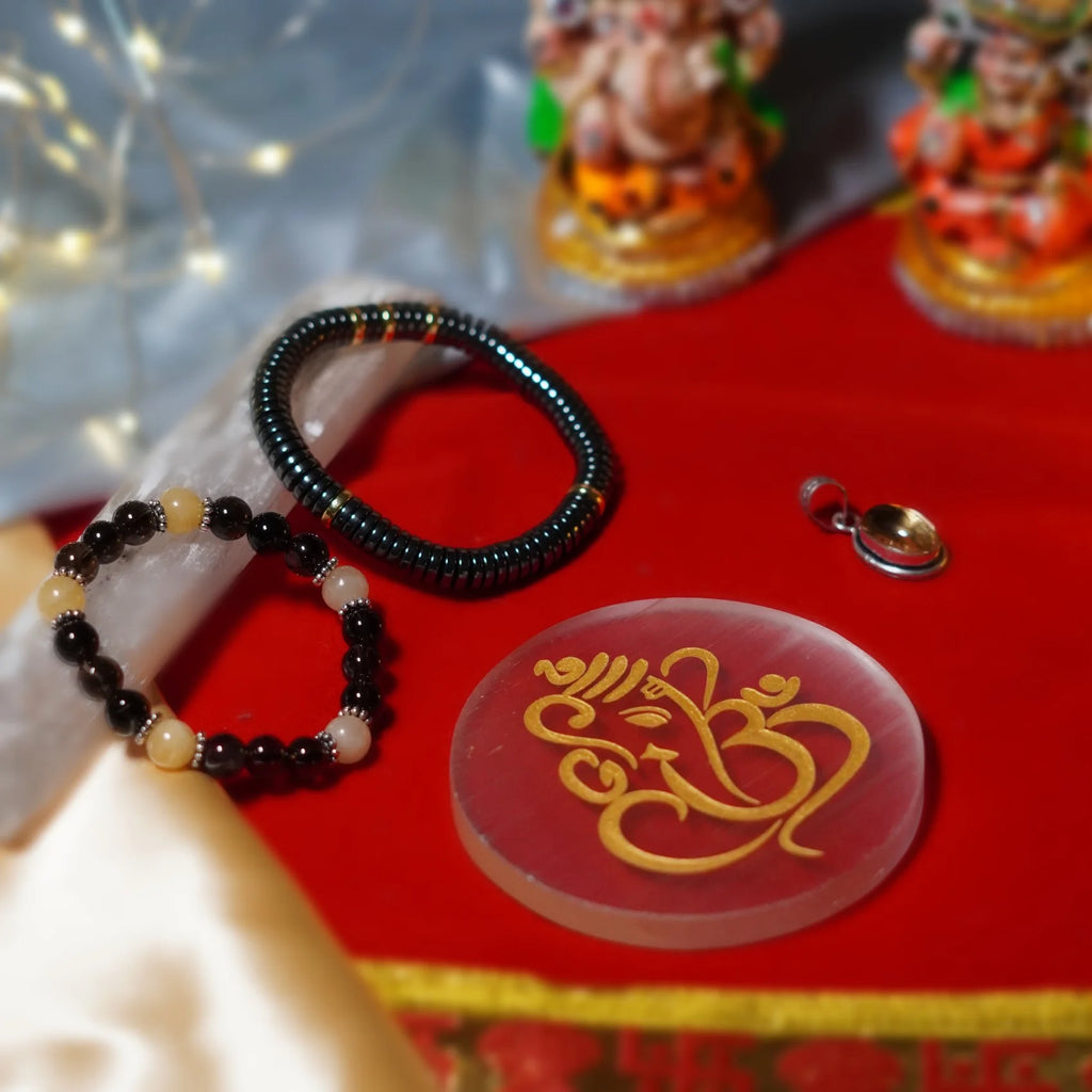 Diwali Crystal Gift Kit with Ganesha selenite plate, two gemstone bracelets and citrine pendant