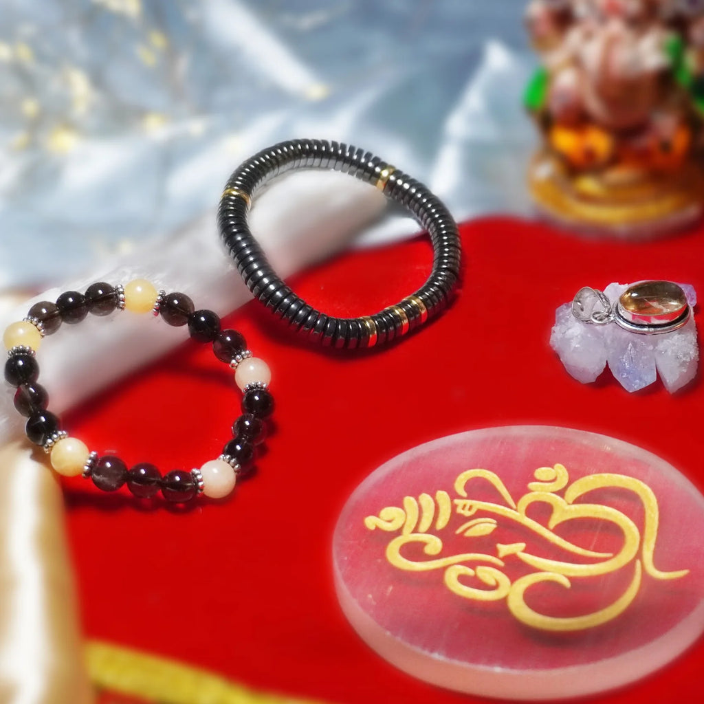 Festive crystal gift set featuring Ganesh design selenite plate and jewellery