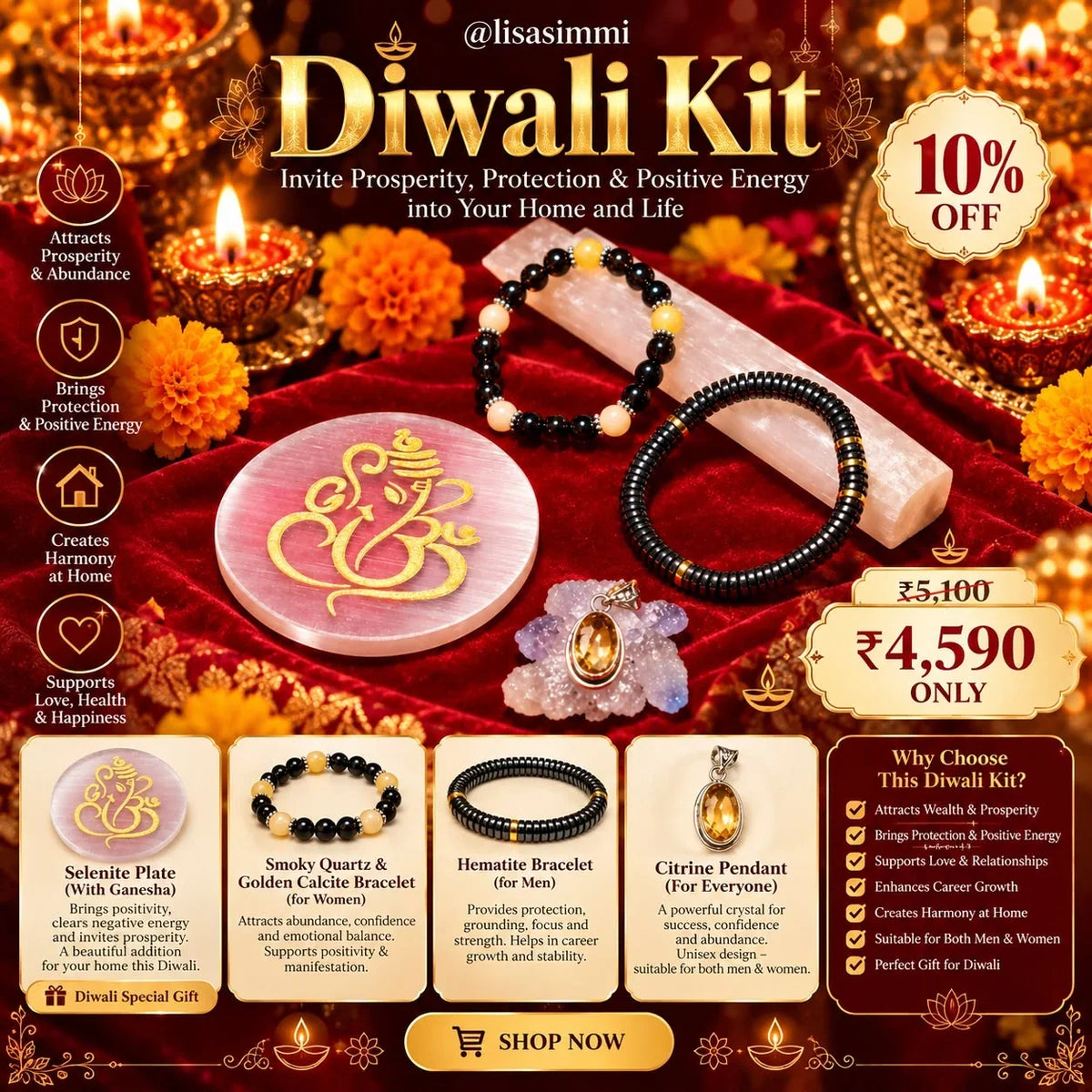 LisaSimmi Diwali Crystal Gift Kit offer — ₹5,100 regular price and ₹4,590 after 10% discount